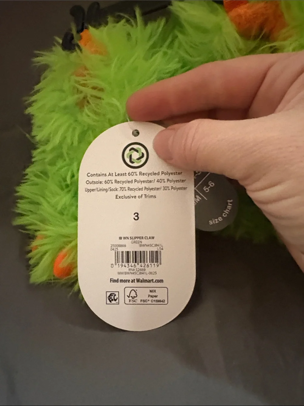 wonder nation Green Fuzzy Monster Slippers with Orange Claws - Size 3 NWT SDR
